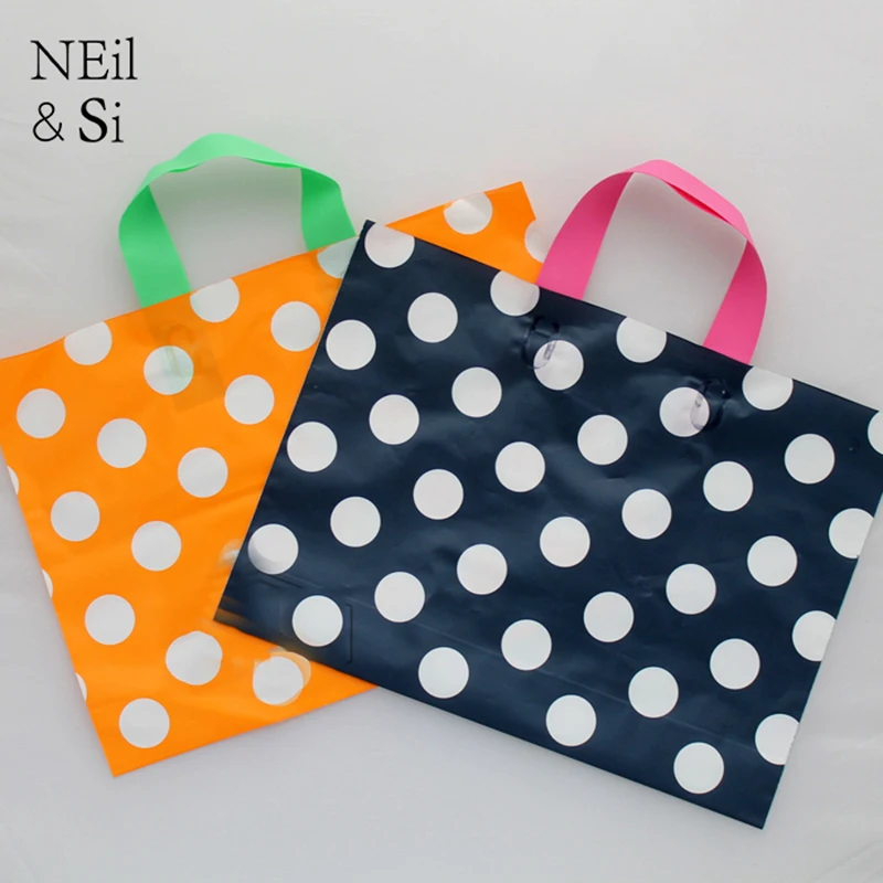 Handle Plastic Gift Bag Shopping Mall use Wedding Favor Grocery Clothes Packaging Bags Yellow Blue Dots Style Free Shipping