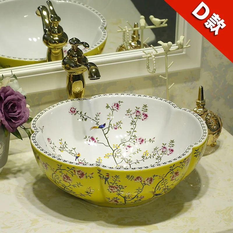 

Flower and bird yellow Jingdezhen ceramic sink wash basin Ceramic Counter Top Wash Basin Bathroom Sinks easy wash for basin sink