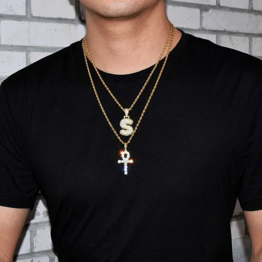 Bubble Letter Ankh Cross Necklace for Men Iced Pendant Gold Color Hip Hop Jewelry Prong Setting Cubic Zirconia