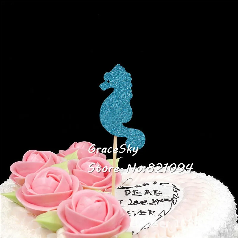 12pcs free shipping Glitter Gold sea horses design Wedding Birthday Party Cakes Toppers Christmas Party Favors cupcake picks