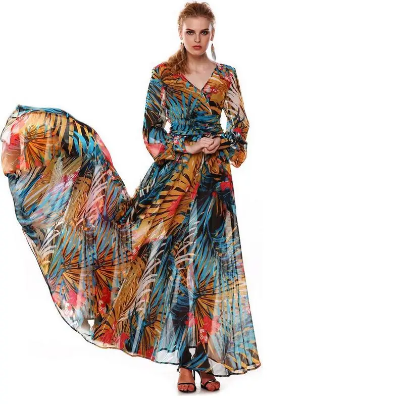 فستان صيفي دانتيل بأكمام طويلة مقاس كبير فستان صيفي جديد للسيدات مقاس كبير بياقة على شكل V من الشيفون فستان طويل ريترو فيستدوس G49