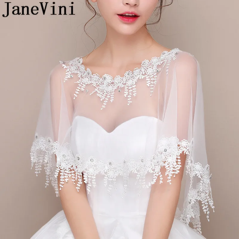 

JaneVini Beaded Bridal Wraps Lace Appliques Wedding Jacket Bridal White Tulle Evening Shrug Bolero Novia Summer Party Cape Shawl