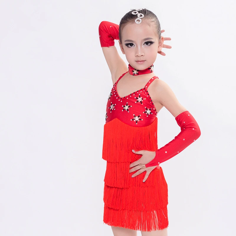 Newest High-end Top Quality Child Tassels Latin Dance Dress,Red/Orange/Purple/Blue Ramba/Salsa/Chacha Stage Competition Costume