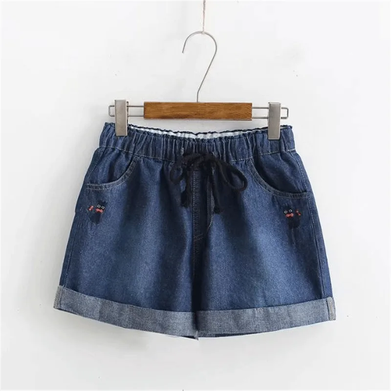 Japanese Soft Sister Rolled Kawaii Women Denim Shorts Summer Cat Embroidery Elastic Drawstring Waist Cuffs Casual Jean Shorts