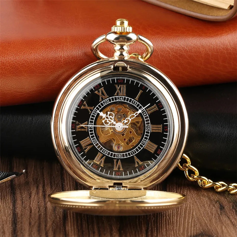 Golden Mirror Design Full Hunter Mechanical Hand Winding Pocket Watch Roman Numerals Dial Luxury Retro Souvenir Clock Gifts