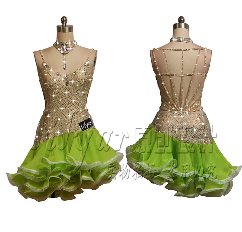 Customized Latin dance costume, performance dress, competition dress, suspender, fluorescent fishbone skirt