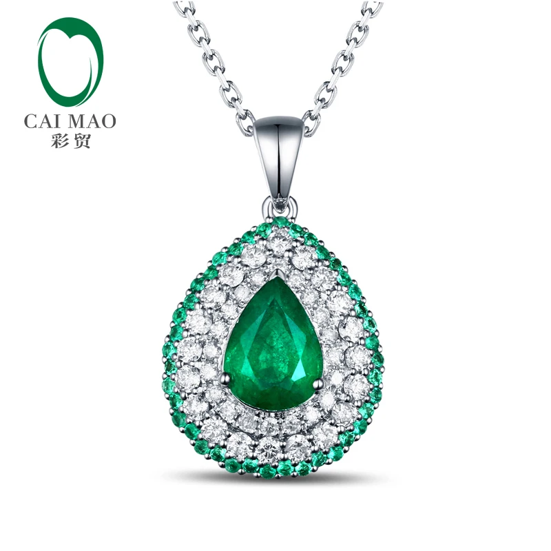 

18K/Au750 Pear Shape 1.63ctw Natural Emearld & Diamonds Engagement Pendant Caimao Jewelry