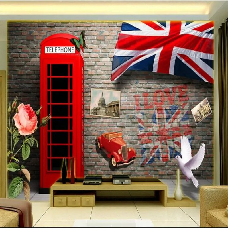 

wellyu Custom large - scale murals European and American retro three - dimensional red telephone booth brick wall backdrop