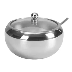 LMETJMA Large 300ML Sugar Bowl Stainless Steel Sugar Bowl with Glass Lid and Spoon Seasoning Spice Bowl Container KC0247