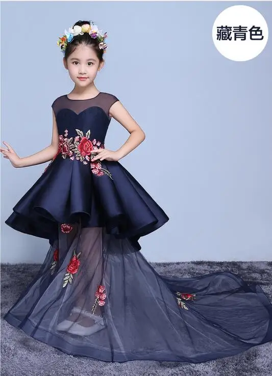 

Handmade Embroidery Flower Girl Dresses Scoop Short Sleeveless Floor Length Satin Tulle Appliques Ball Gown Kids Wedding Dress