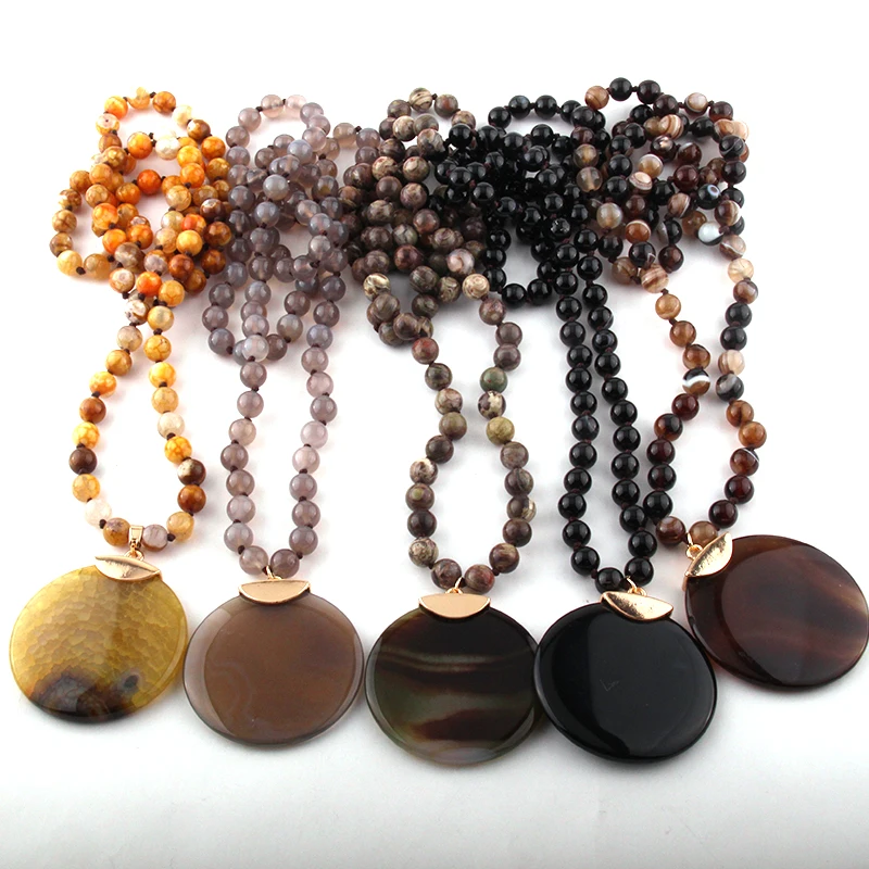 Fashion Bohemian Jewelry Natural Agat Stones Knotted Round Stone Pendant Necklaces For Ethnic Necklace