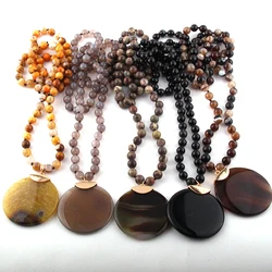 Fashion Bohemian Jewelry Natural Agat Stones Knotted Round Stone Pendant Necklaces For Ethnic Necklace