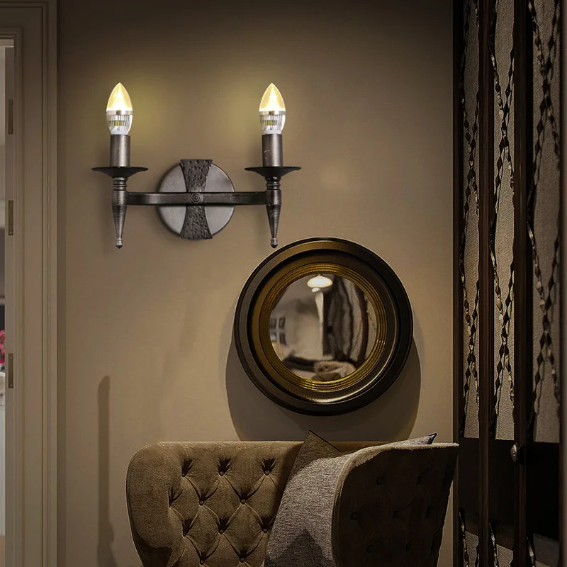 

American style 2heads wall lamps industrial retro living room bedroom double head iron candle glass wall light e14 lamps ZA9831