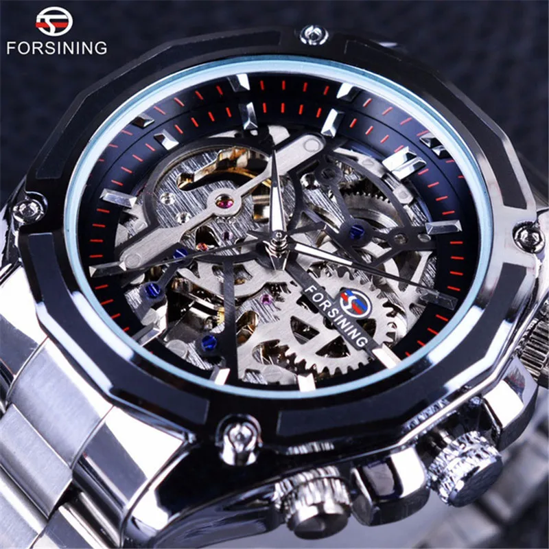 Fashion Forsining Top Brand Transparenthollow Luminous Hand Gear Movement Retro Royal Design Men Mechanical Skeleton Wrist Watch