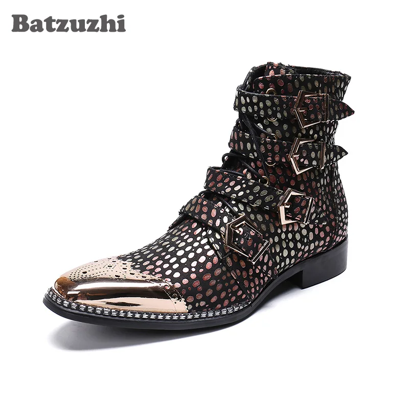 Batzuzhi Luxury Men Boots Gold Metal Tip Buckles Multi Leather Dress Boots for Men Party, Runway and Wedding botas hombre