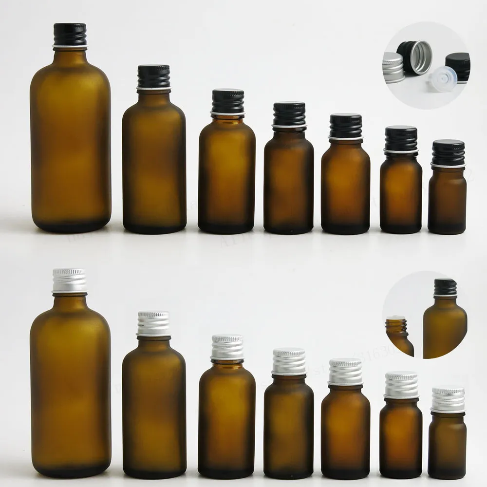 

200 x 100ml 50ml 30ml 20ml 15ml 10ml 5ml Frost Amber Glass Essential Oil Bottle With Silver Black Aluminum Cap Insert