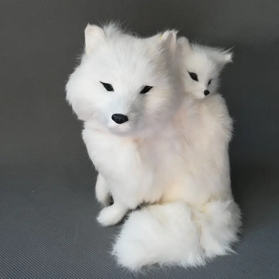 

real life toy large 18x16cm white fox model polyethylene&furs fox taking baby, handicraft home decoration gift b0188