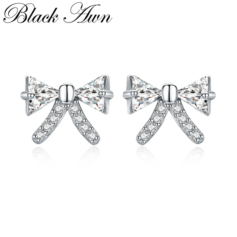 

[BLACK AWN] Silver Color Earrings Trendy Bow-knot Stud Earrings for Women Female Bijoux I108