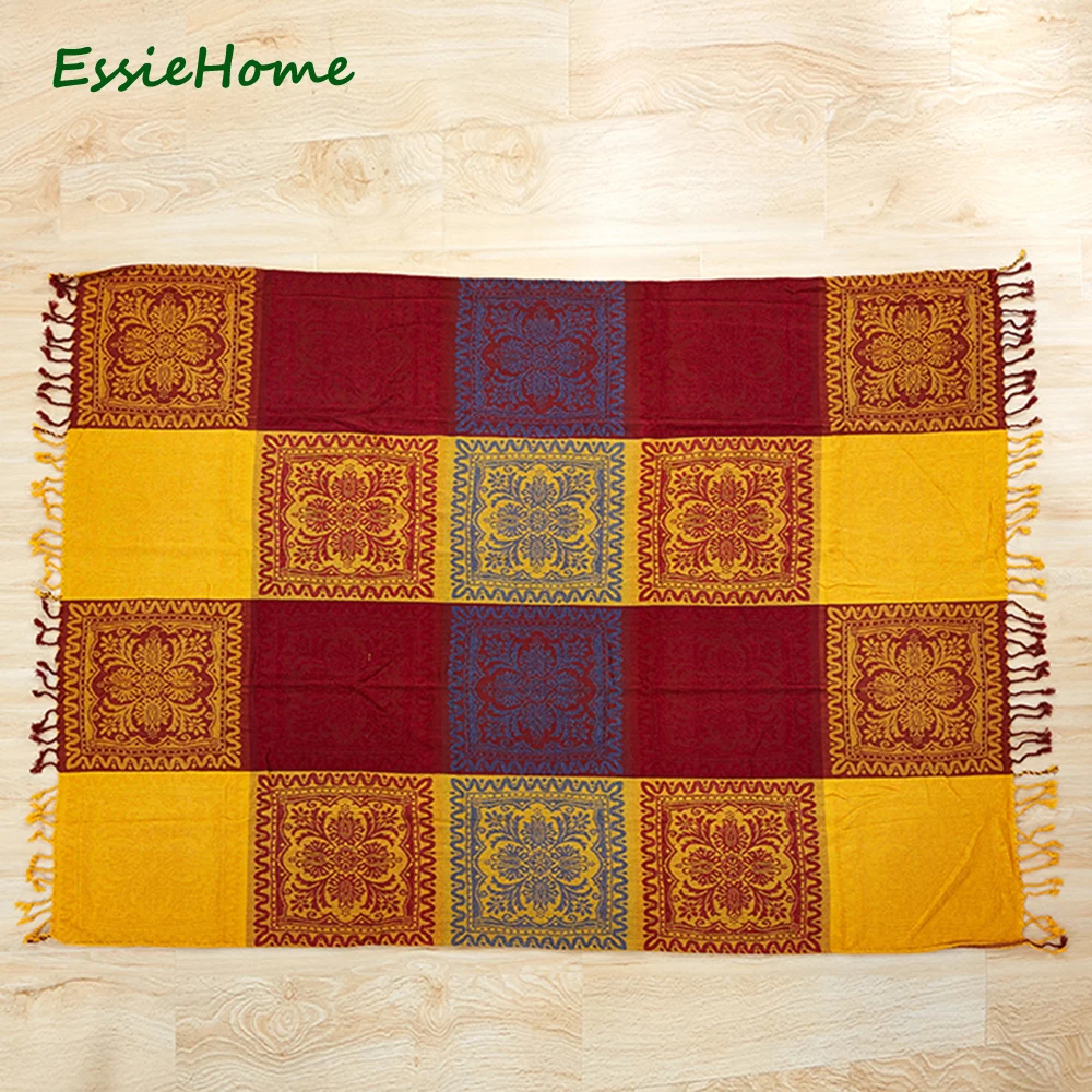 ESSIE HOME Sofa Blanket Chenille Red Bright Yellow Bohemia Blanket For Living Room Bedroom Rug Soft Carpet Mat Ethnic Bedspread