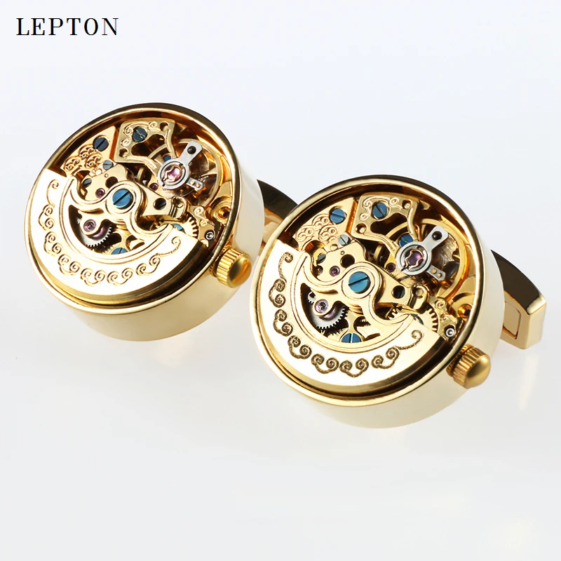 Low-key Luxury Functional Watch Movement Cufflinks Lepton Stainless Steel Steampunk Gear Watch Mechanism Cufflinks for Mens