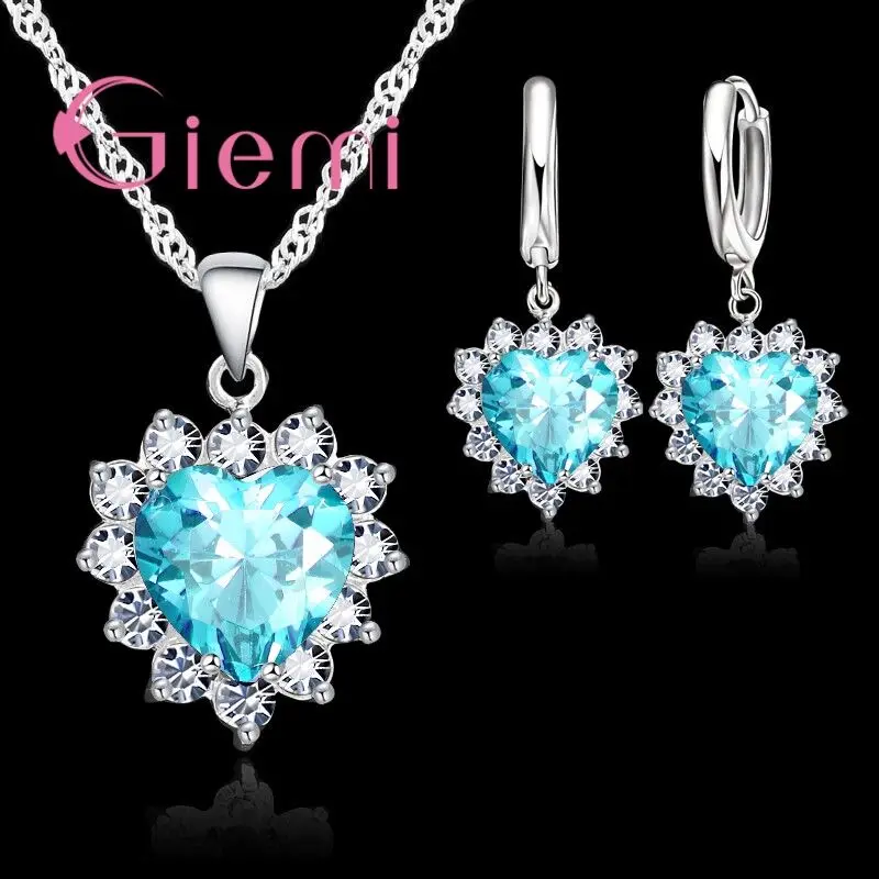 Different Colorful Cubic Zirconia Pendant Necklace Earrings Jewelry Sets Beautiful Heart Flower 925 Sterling Silver Gifts