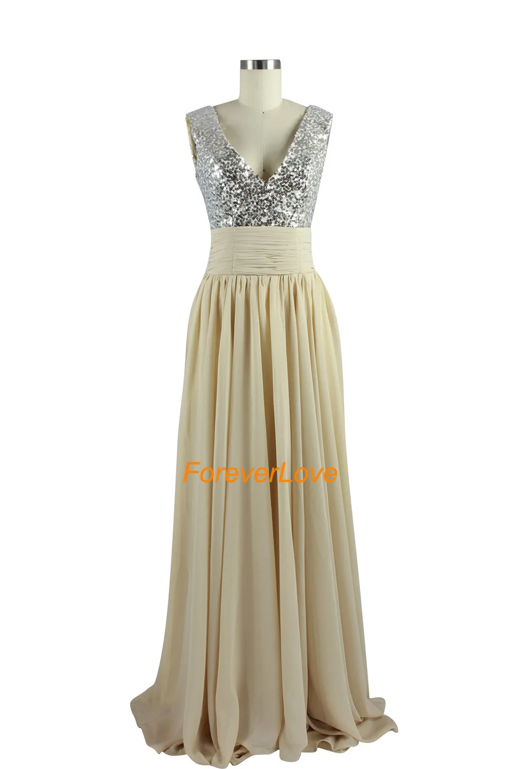 2016 sexy v pescoço lantejoulas chiffon uma linha champagne sem costas chiffon longo vestido de baile festa formal vestido de noite