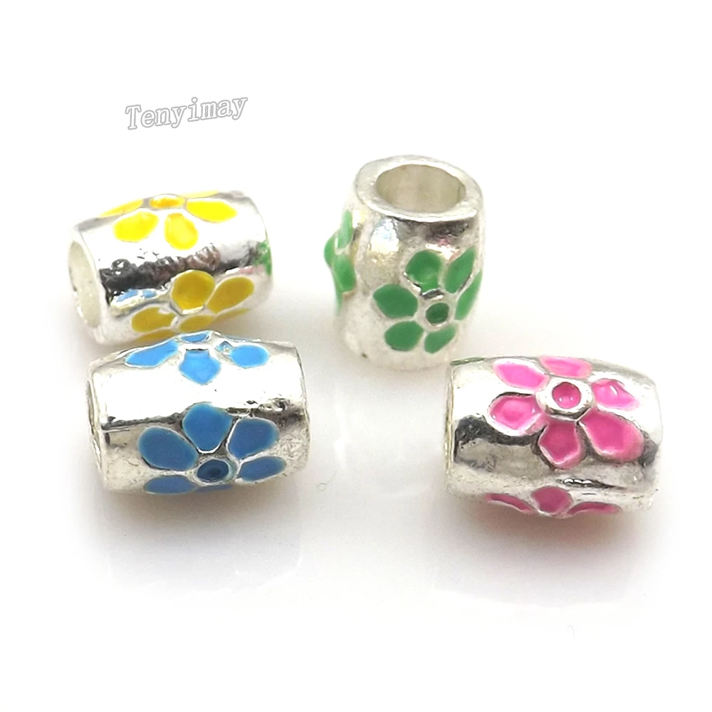 

Enamel Flower Design Drum Shape Big Hole European Beads Mixed Color 100pcs Wholesale