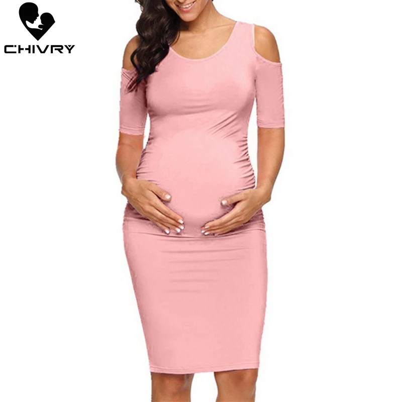 Chivry New Maternity Women Pregnancy Dresses Mama Clothes O-Neck Solid Sexy Off Shoulder Bodycon Pregnant Women Casual Dress