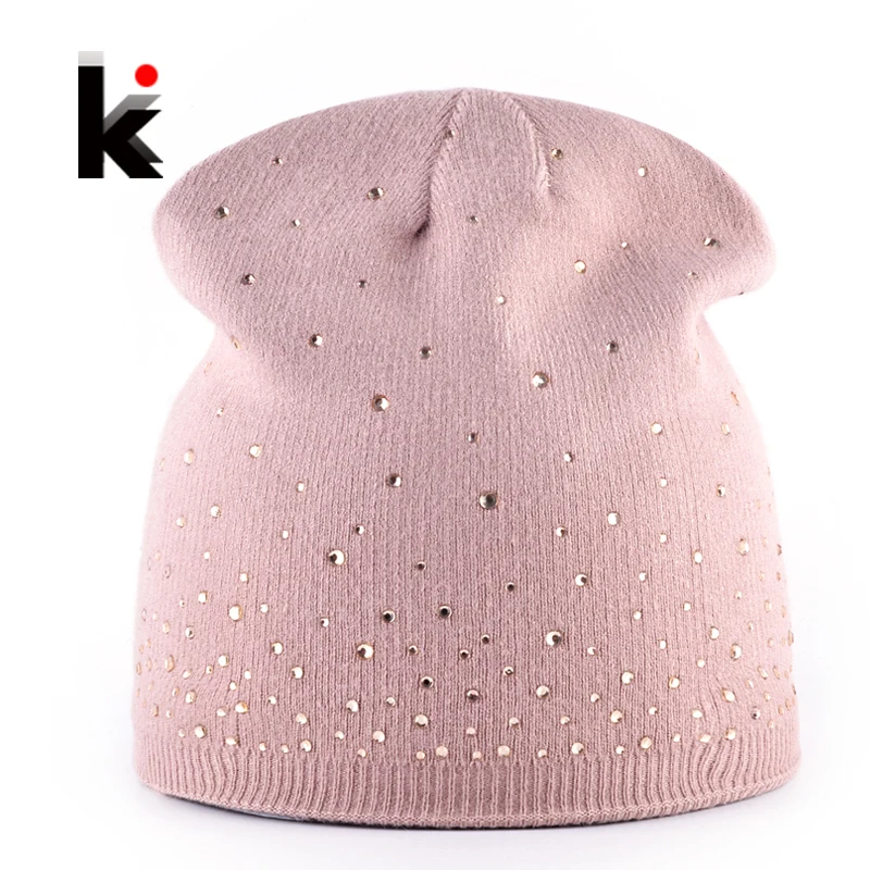 2018 Women\'s Fashion Rhinestone Beanies Hat Solid Knitted Skullies Bonnet Caps Ladies Winter Knitting Rabbit Wool Hat Female cap