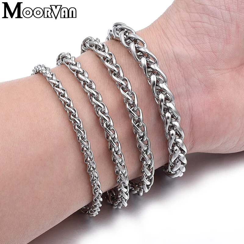 Men Bracelet Silver Color Stainless Steel Wheat Link Chain Bracelets Male Jewelry Hip Hop Gift 4/5/6/8mm Rock PUNK