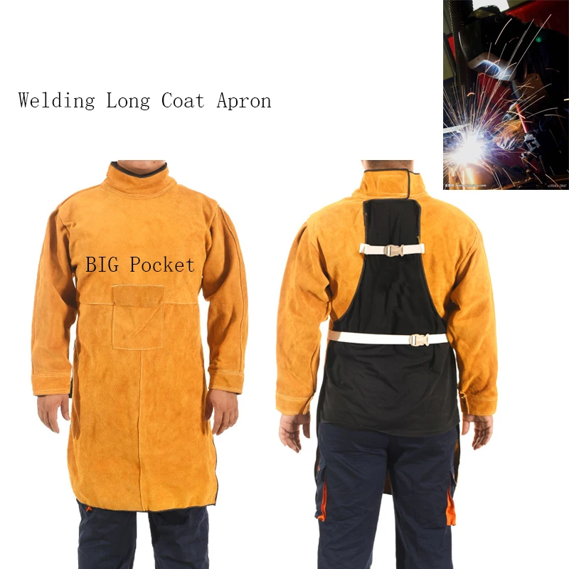 2020 Welding Long Coat Apron Durable Leather Long Sleeved Welder Protective Clothing Flame Retardant Workplace Safety Clothing