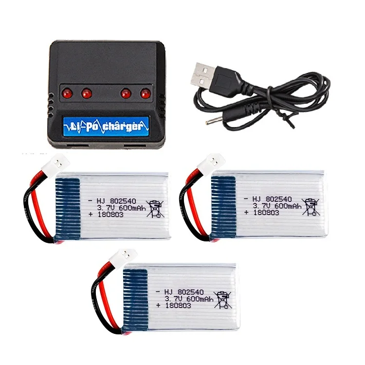 2pc 3pc 4pc 3.7V 600mAh Drone Rechargeable Li-polymer Battery 802540 + USB Charger set For  X5C X5C-1 X5 H5C Quadcopter