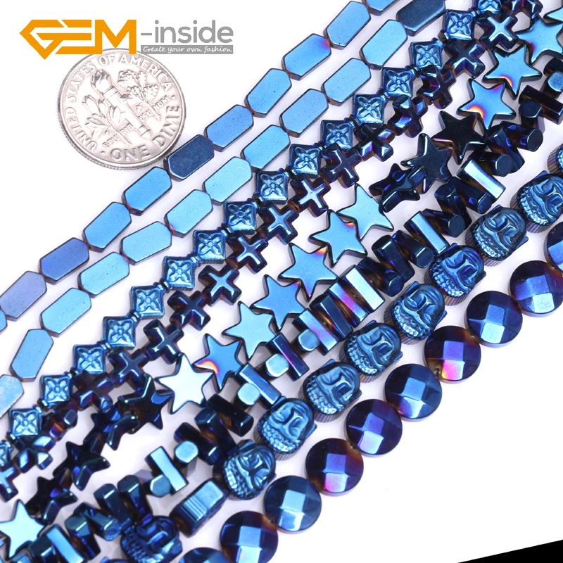 

Assorted Shapes Buddha Cross Coin Blue Metallic Coated Reflections Hematite Jewelry Making Beads DIY Strand 15" Gem-inside