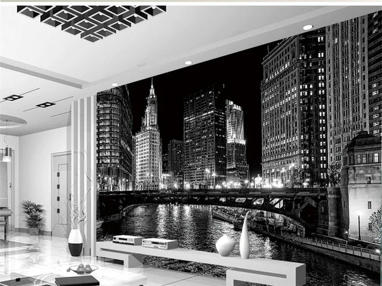 

Custom 3D Mural Wallpaper Black And White City Night Landscape Murals Living Room TV Backdrop Wall Modern Simple Papel De Parede