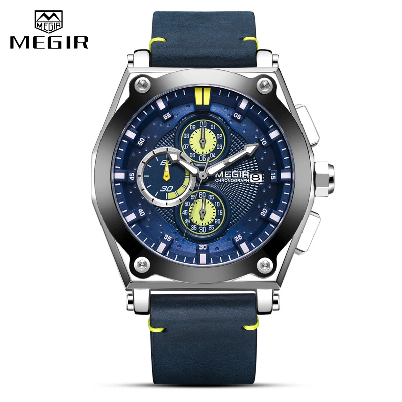 MEGIR Men Watch Top Brand Sport Analog Quartz Wrist Watch Leather Strap Chronograph Business Watches For Men Relogio Masculino