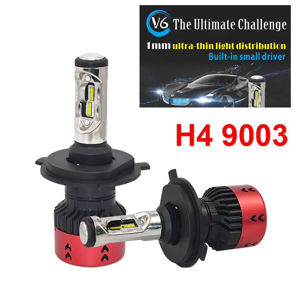 New Car H4 9003 V6 LED Headlight 100W 9600LM All-in-one EMC FLIP Chips White 6000K H/L Built-in Smallest Driver Turbo Fan