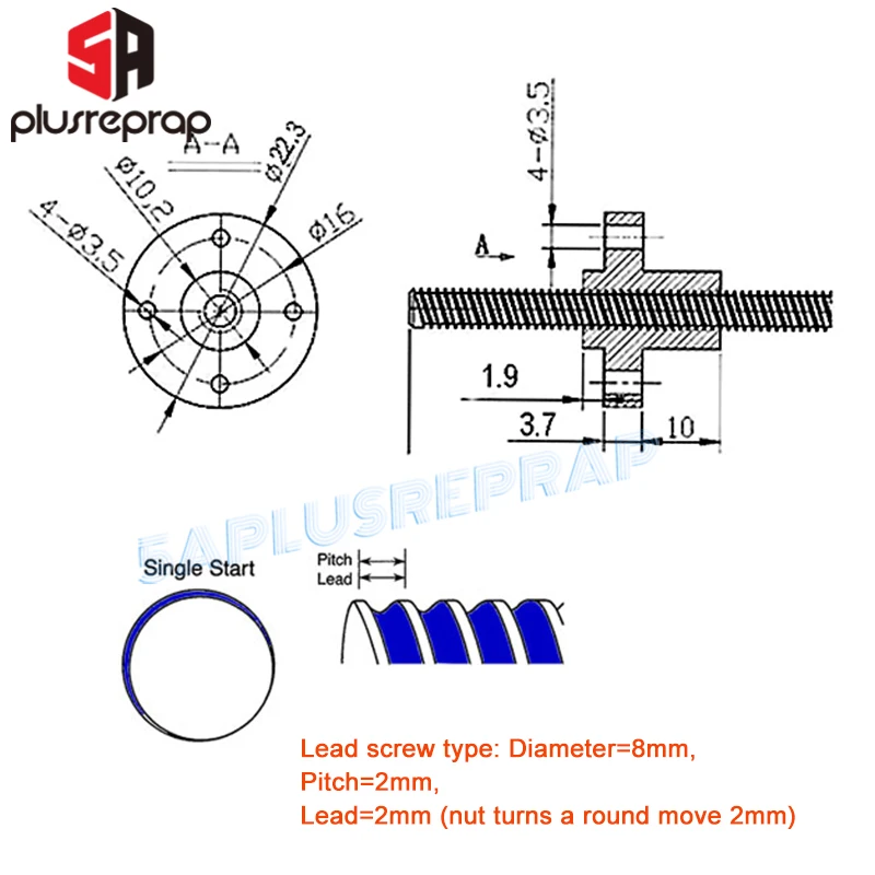 Vite di comando T8 OD 8mm passo 2mm piombo 2mm 150mm 200mm 250mm 300mm 350mm 400mm 500mm con dado in ottone per stampante 3D Reprap asse Z