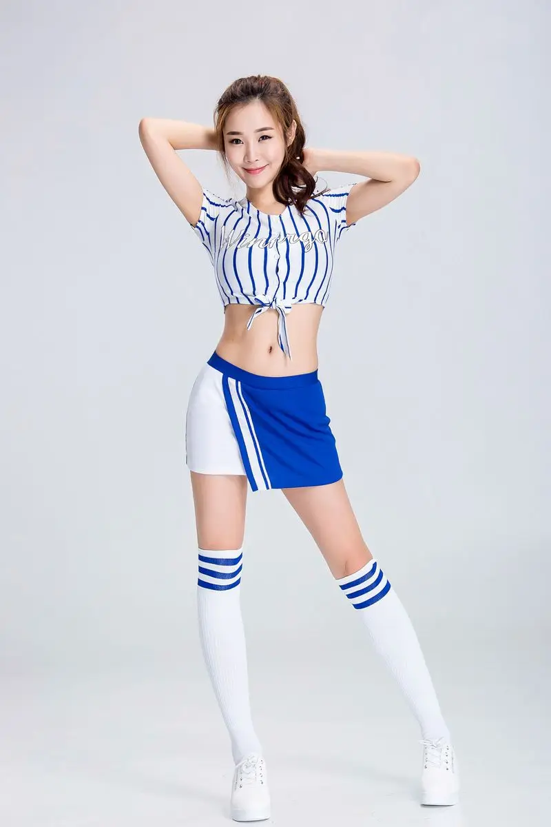 Korean Sytle Girls Sport Cheerleader Costume Blue High School Girl Cheerleader Uniform Basketball Game Team Show Women Dress