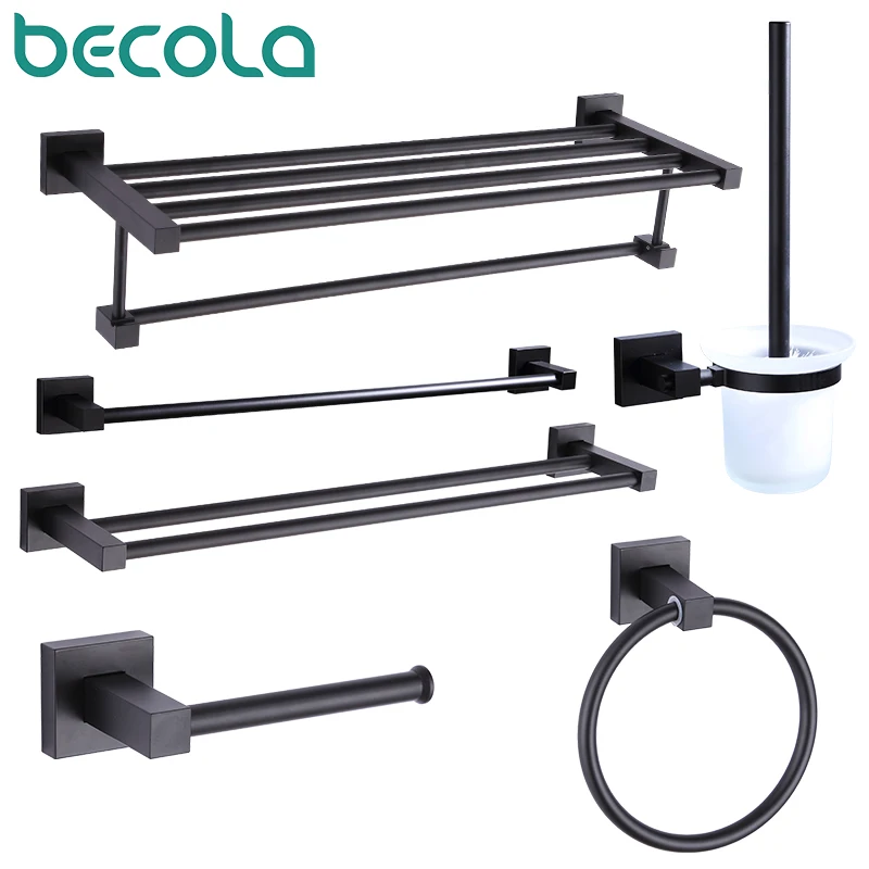 55CM Matte Black Double Towel Bars Bathroom Towel Hanger Space Aluminum Bathroom Accessories Towel Rack Towel Ring  Toilet Brush