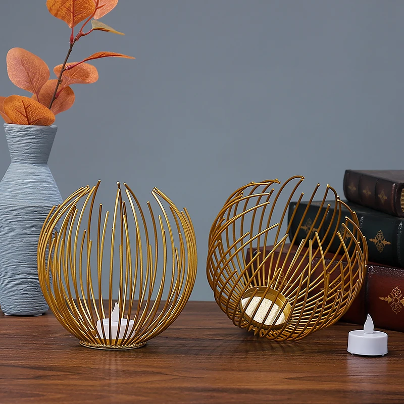 European Modern Black Gold Hand Painted Metal Wire Around Home Tabletop Iron Tea Light Candle Holder