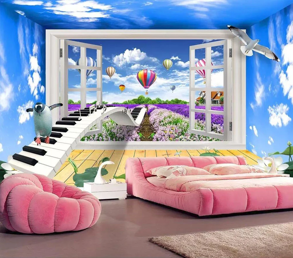 

Decorative wallpaper 3D space window lavender garden landscape background wall