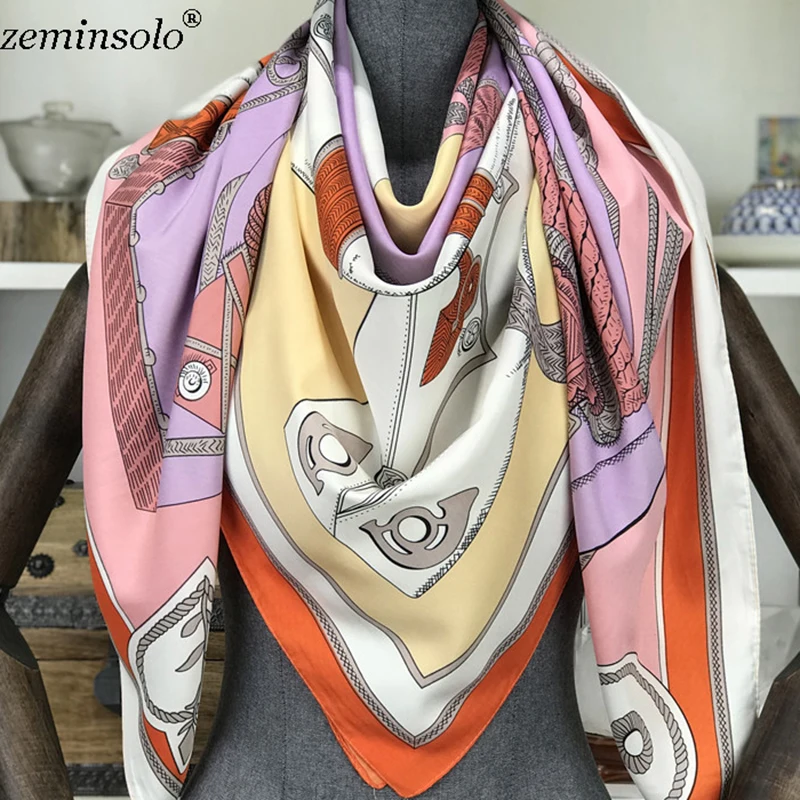 100% Silk Scarf Women Large Shawls Stoles Hijabs Printed Fashion Square Scarves Echarpes Foulards Femme Wraps Bandana 130*130cm