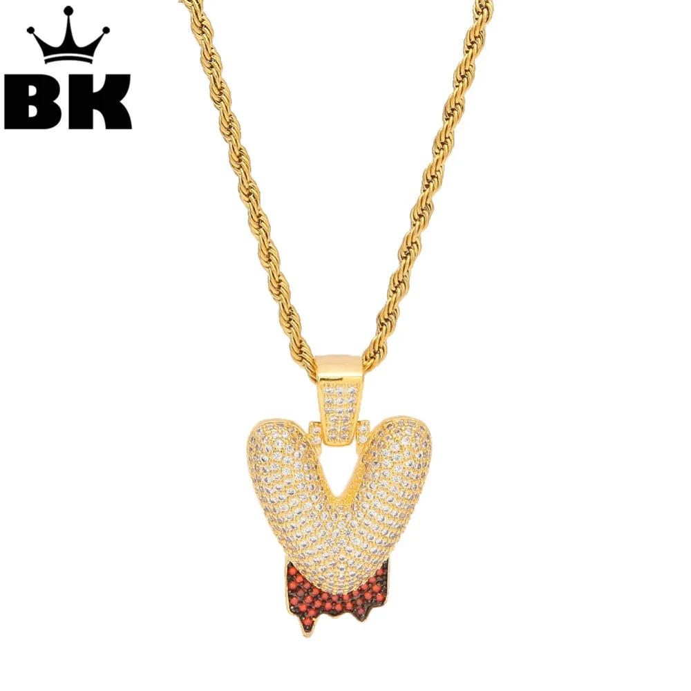 

THE BLING KING Blood Red CZ Drip Custom Bubble Initial Letter Pendant Necklace Iced Out Cubic Zirconia Mens Women Jewelry