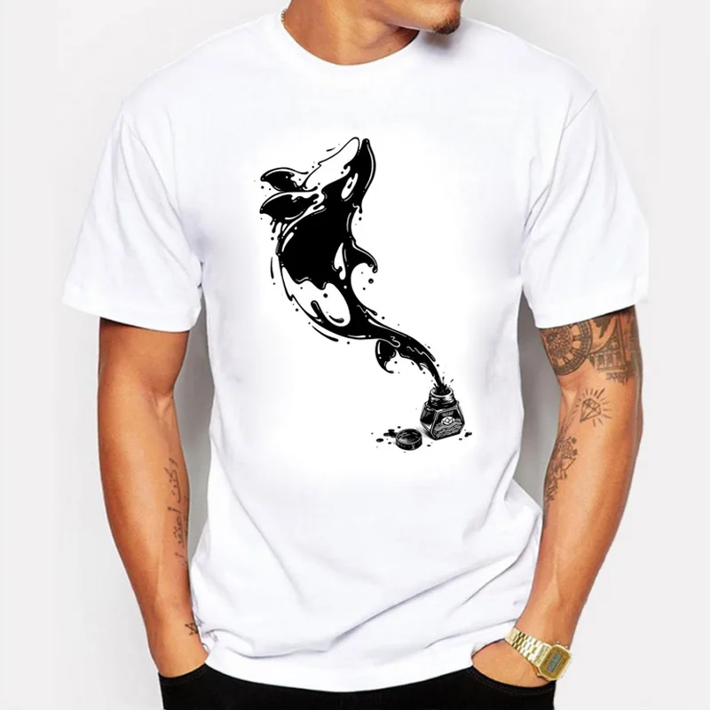 

BLWHSA Hot Sale Ink with Dolphins Printed T-shirts Men's Cotton Short Sleeve O-neck Tops Tees Summer Swag T shirt