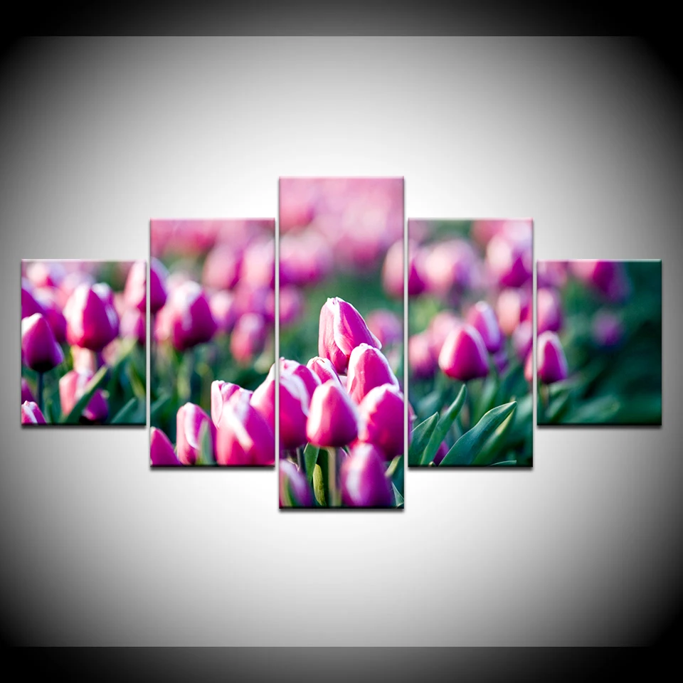 زهور التوليب الوردية 5 لوحات خلفيات وحدات حديثة ملصق فني قماش اللوحة لغرفة المعيشة ديكور المنزل