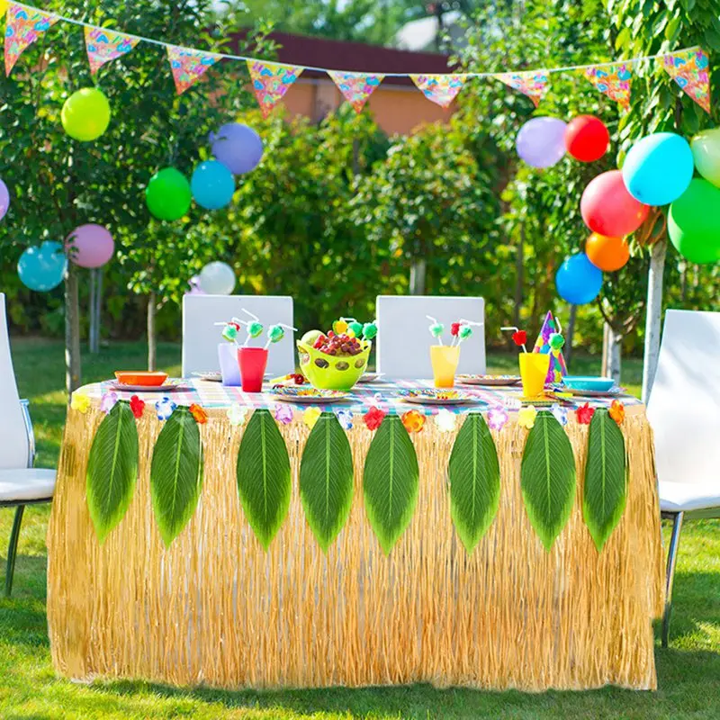 275x75cm Table Skirt Artificial Hibiscus Grass Table Skirts Tableware Hawaiian Luau Flower Grass Wedding Party Beach Decorations