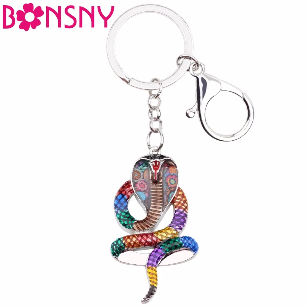 Bonsny Enamel Alloy Cobra snake Key Chains Ring Gift For Women Girl Handbag Charms Keychain Car Key Keyring Animal Jewelry