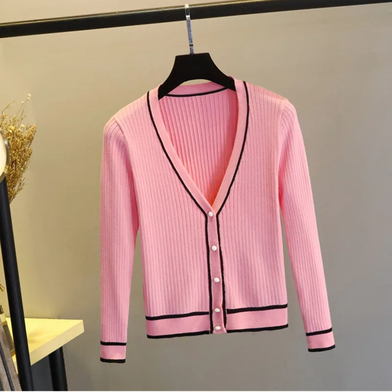 UHYTGF Stripe Cardigan Women Knitted Sweater Spring And Autumn Coat V neck Loose size Ladies Long sleeve Thin Sweater Short Coat