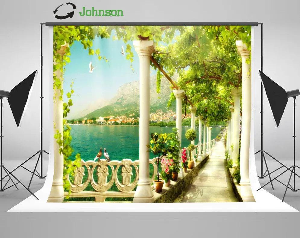 

Mountain Arch Column Flower Leaves Coastal Patio photo backdrop polyester or Vinyl cloth Computer print wedding background