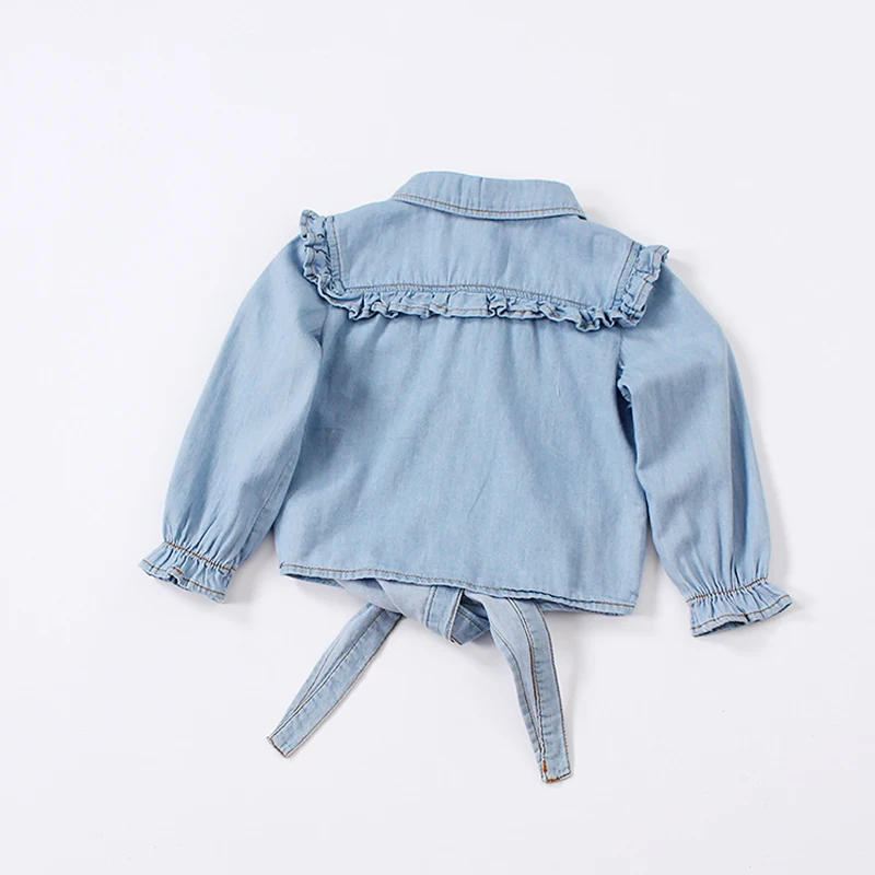 Girls Autumn Denim Shirts Casual Ruffles Blouses Kids Tie Knot Shirt Toddler Baby Girls Long Sleeve Tops Children Outwear Spring